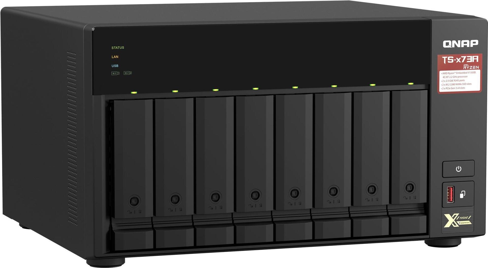 QNAP 8-bay NAS AMD Ryzen Embedded V1500B 2.2GHz 8GB 8xSATA 6Gb/s bays 2xM.2 NVMe PCIe Gen3 SSD slots Produktbild 2