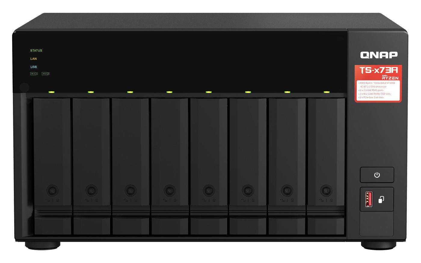 QNAP 8-bay NAS AMD Ryzen Embedded V1500B 2.2GHz 8GB 8xSATA 6Gb/s bays 2xM.2 NVMe PCIe Gen3 SSD slots Produktbild 3