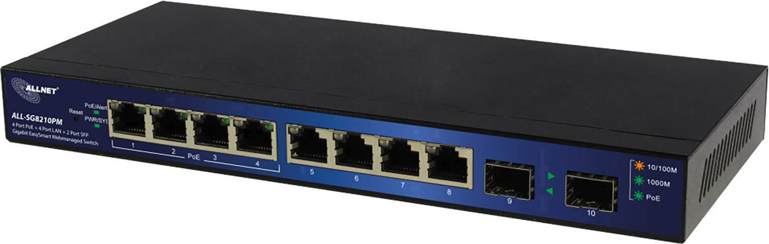 ALLNET 4xPoE/4xLAN/2xSFP Port Gigabit Switch smart managed 16 Gbps 4-Port HTTPS HTTP TCP/IP Duplex V Produktbild